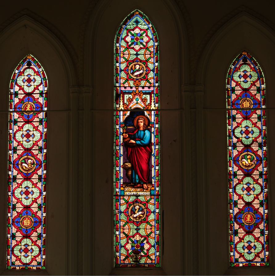 Triple light window of St. John's Church, Digby, Victoria, Australia.